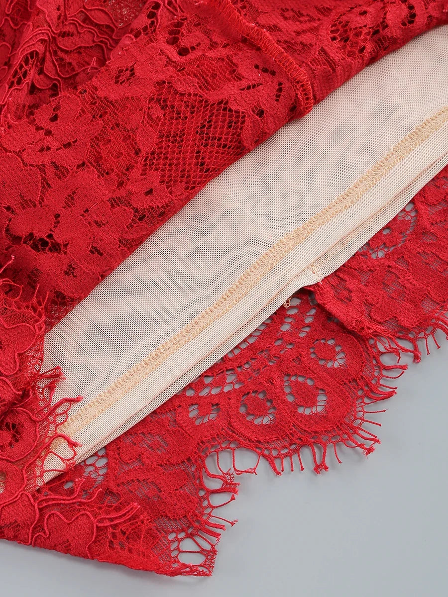 VC Christmas Dress For Women Red Lace Sexy Strapless Sleeveless Slim Supper Short Dress With Lace-Up