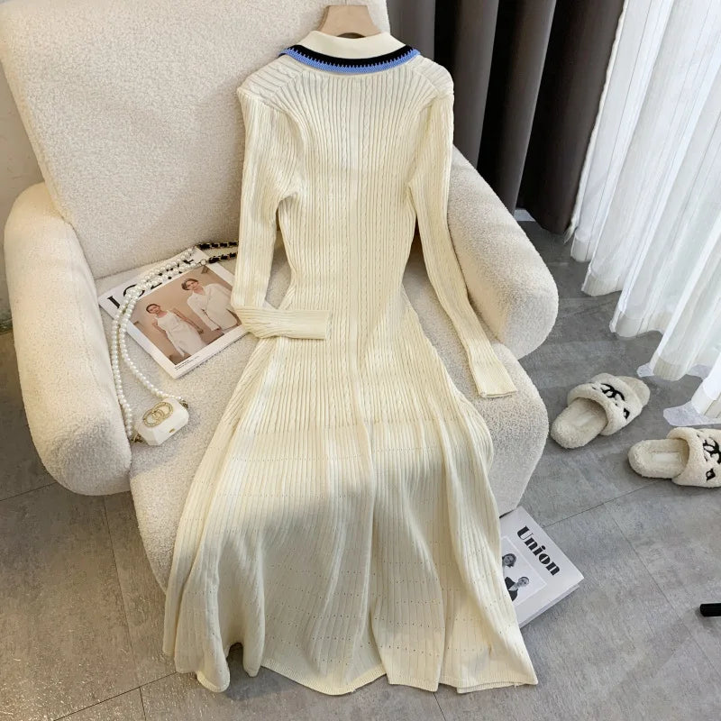 Elegant Embroidery Letter Knitted Maxi Dress Autumn Winter Brand Fashion Lady Notched Black Sweater Dress Office Robes