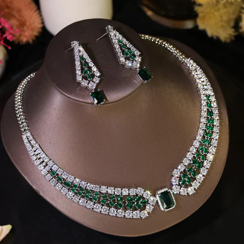 Fashion Wedding Jewelry Sets Shiny Red and white inlaid CZ Crystal Necklace and Earrings 2PCS Bridal Dress Party Accessories