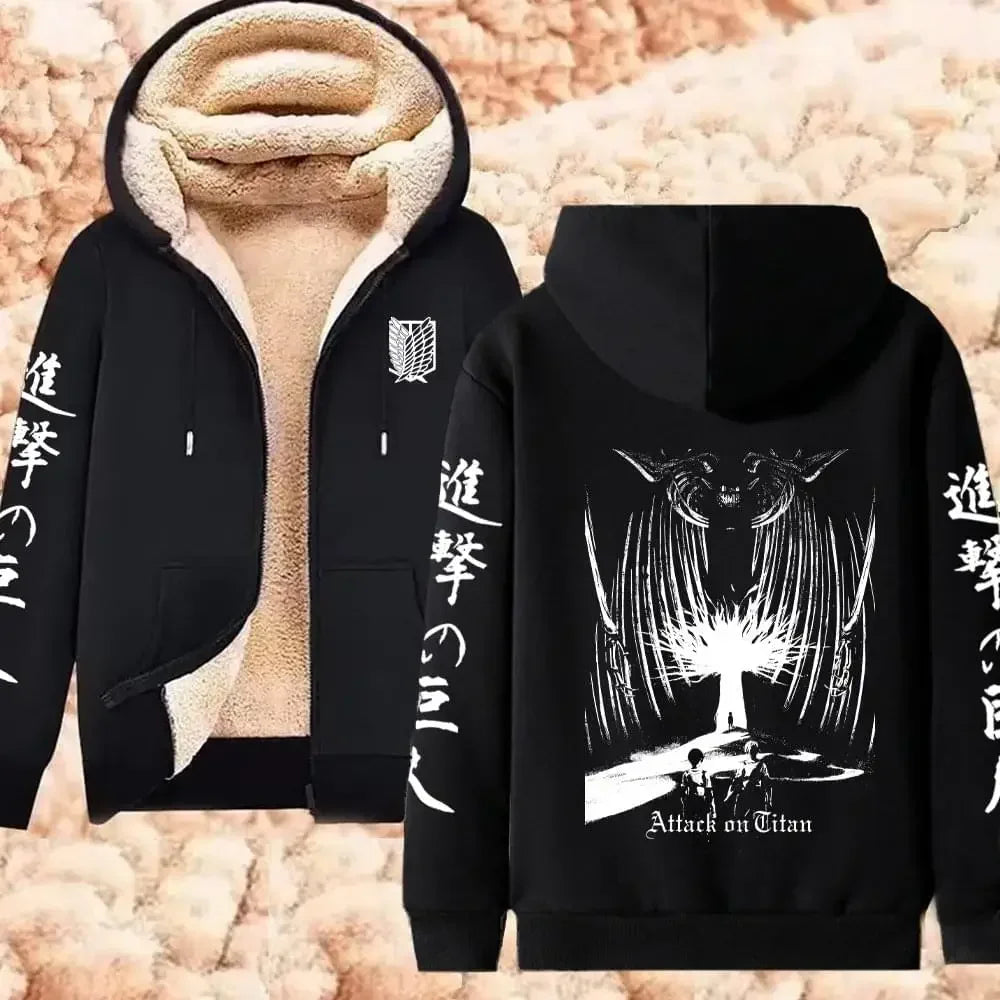 Attack on Titan سترة شتوية دافئة بسحاب، هوديز مطبوع عليها أنمي للرجال والنساء، بلوزات سميكة بسحاب، ملابس الشارع Harajuku Hip Hop