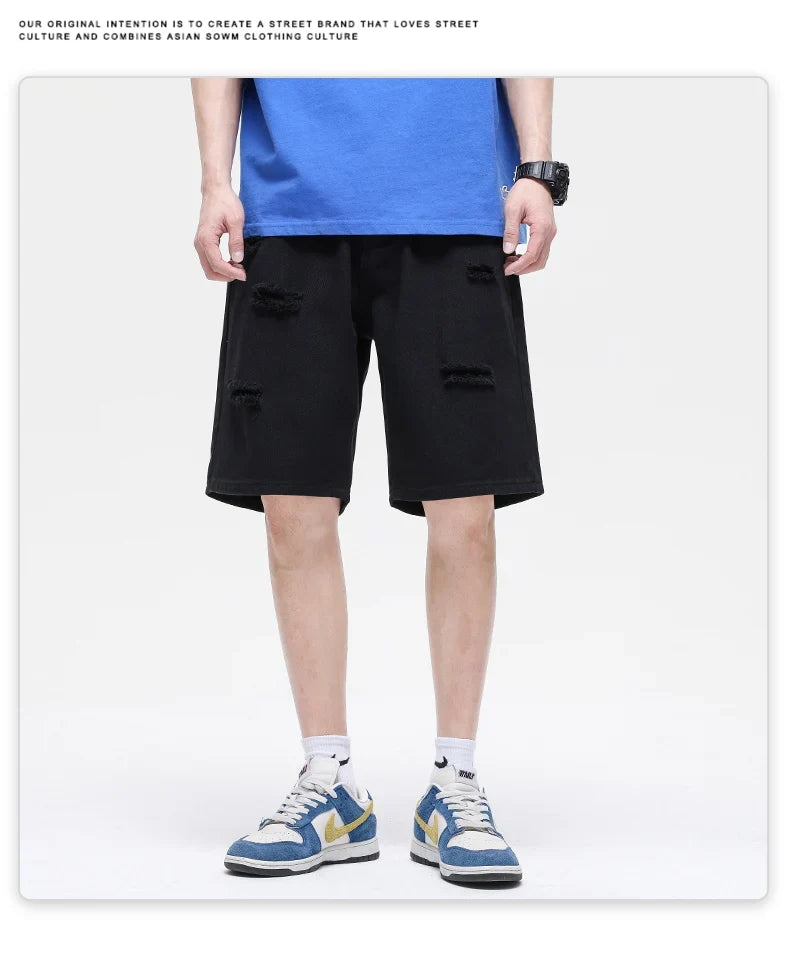 Summer New White Casual Men's Denim Shorts Ripped Fashion Loose Straight Street Bermuda Jeans Male Hole Short Pants