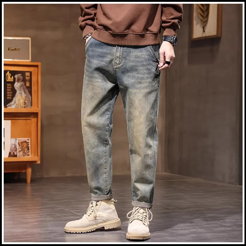 Retro American Style Men's Jeans Loose Fit Heavy Casual Slim Leg Cotton Pants Elastic Waist Korean Denim Jeans for Spring Autumn