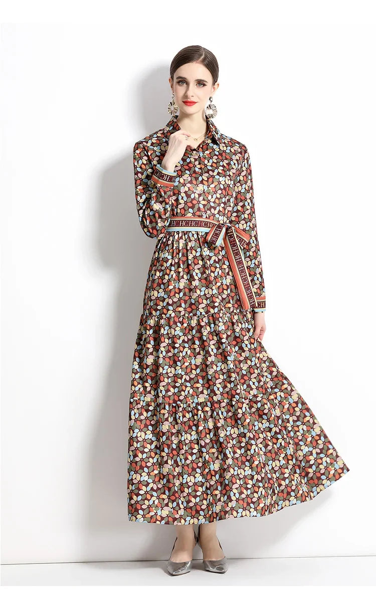 2024 Autumn New Women's European and American Versatile Waist and Slimming Letter Positioning Printed Dress A-line Long Dress