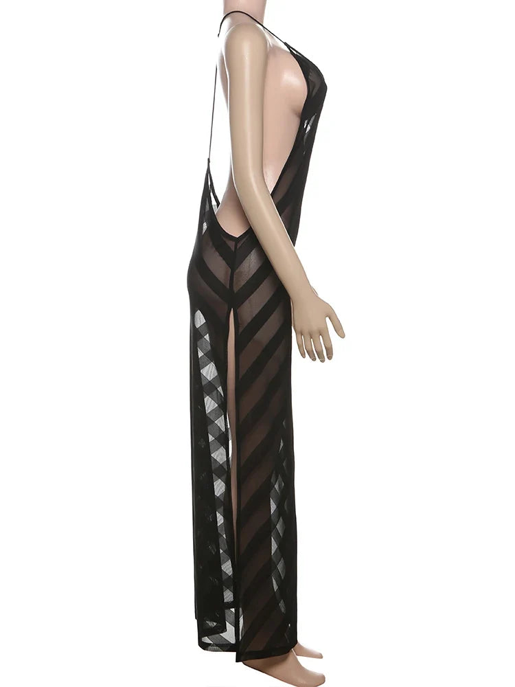 Summer Release Junior Ankle-Length Sexy High Street Dress Perspective Girl Solid Halter Slim Cleavage Backless Robe