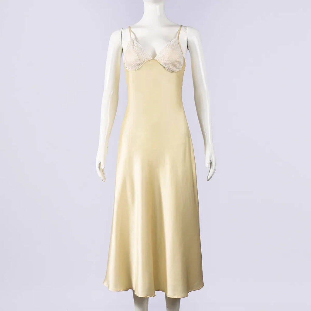 Yellow V Neck Satin Lace Patchwork Maxi Dress Chic Spaghetti Strap Backless Slip Robe 2026 Summer New Lady Beach Holiday Vestido