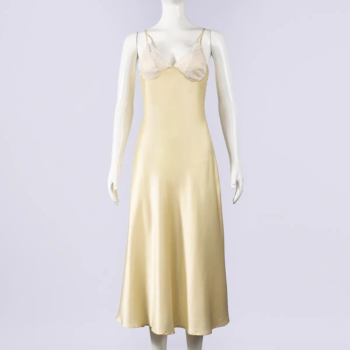 Yellow V Neck Satin Lace Patchwork Maxi Dress Chic Spaghetti Strap Backless Slip Robe 2026 Summer New Lady Beach Holiday Vestido