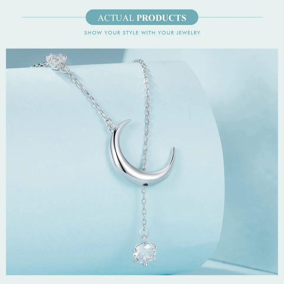 925 Sterling Silver Y-Shape Moon Pendant Necklace Water-drop Zircon Neck Chain for Women Anniversary Gift Fine Jewelry