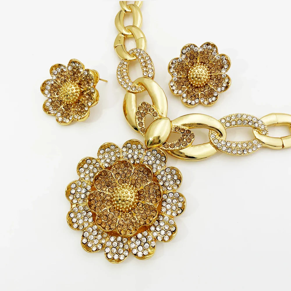 Vintage Jewelry Sets For Women Plant Flower Big Pendant Quality Necklace Earrings Ring Bracelet Set Jewelry Trending