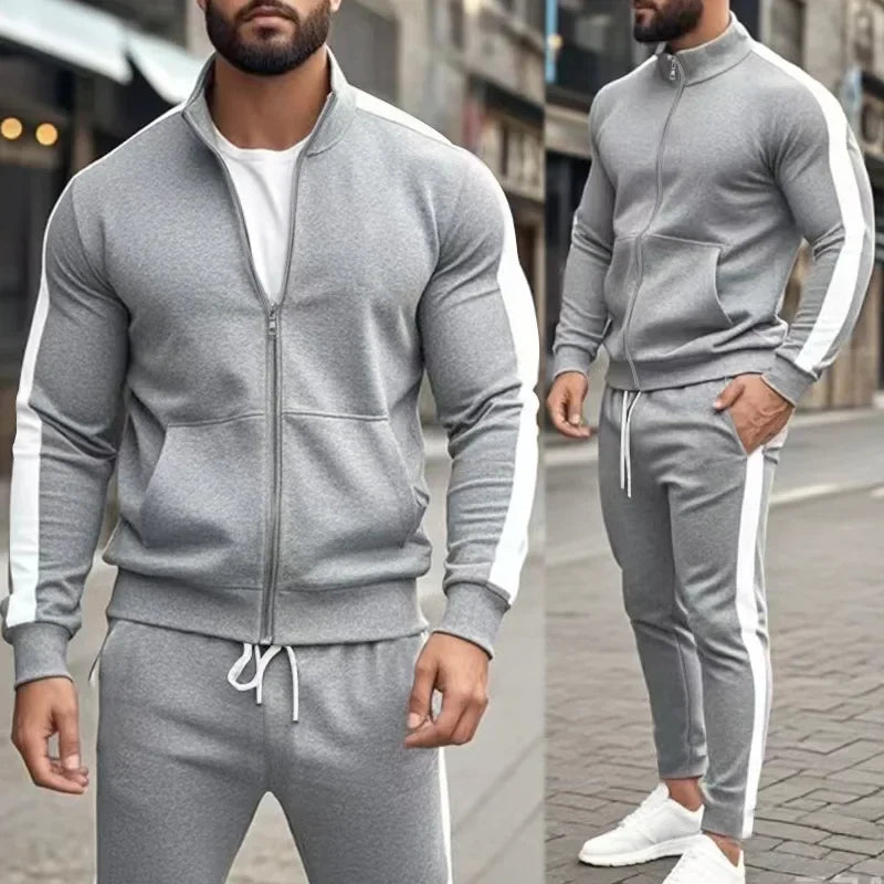 2025 Spring Autumn Men's 2-Piece Set Color Blocking Zipper Stand Collar Casual Sports Jacket Sweatshirt Trousers Suit