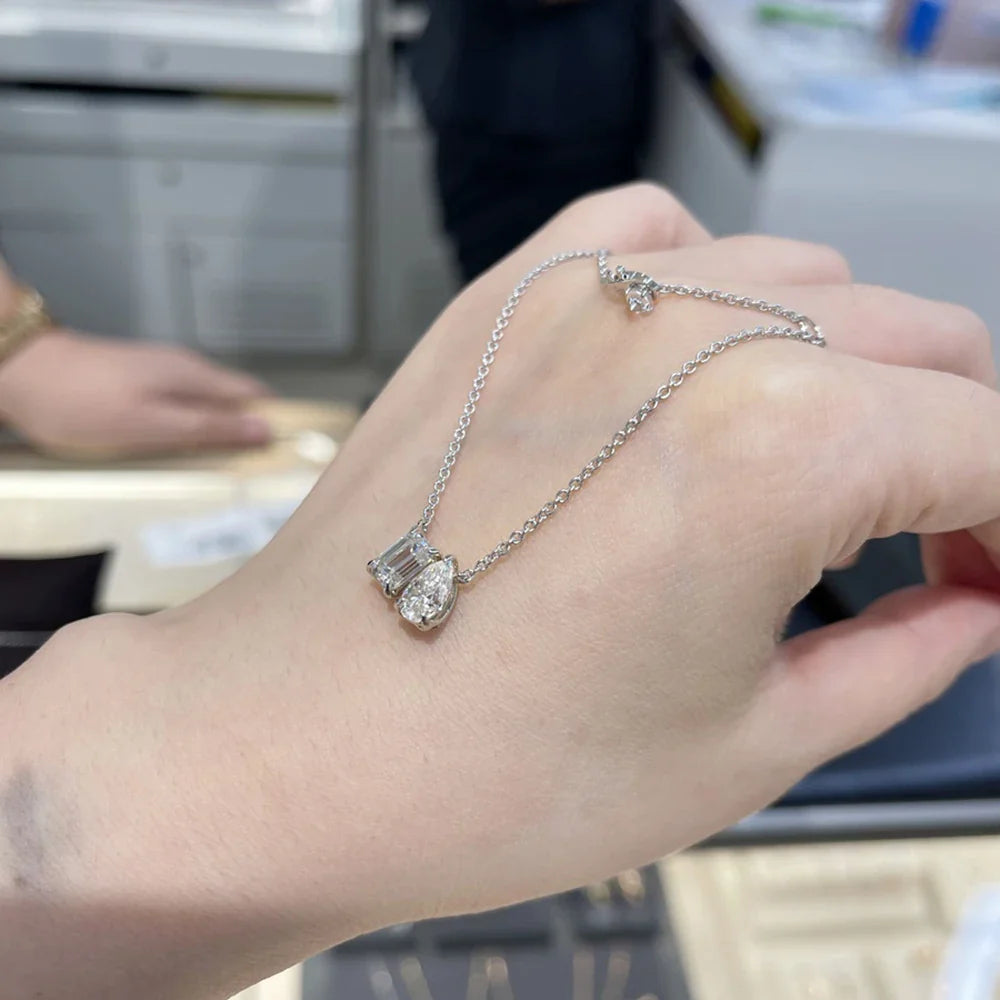 5cttw Radiant/Emerald Pear Cut Moissanite Diamond Pendant Necklace for Women  Certified 925 Silver 2-Stone Clavicle Neckchain