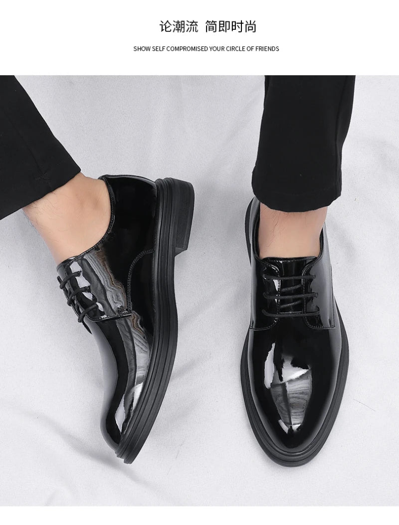 Mens Black Patent Leather Lace Up Dress Shoes With Thick Sole Platform Block Heel Formal Business Wedding Party Office Work Shoe
