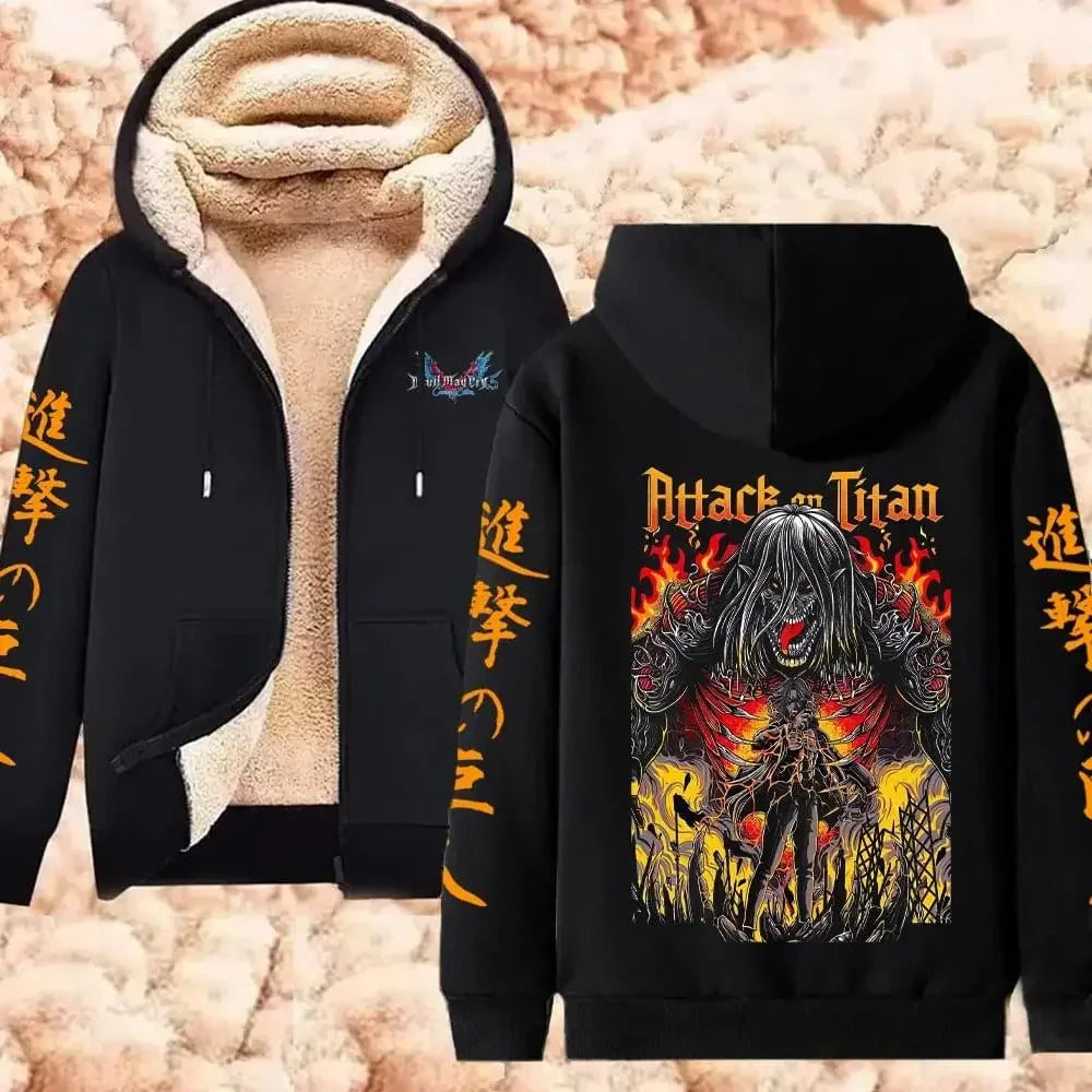 Attack on Titan سترة شتوية دافئة بسحاب، هوديز مطبوع عليها أنمي للرجال والنساء، بلوزات سميكة بسحاب، ملابس الشارع Harajuku Hip Hop