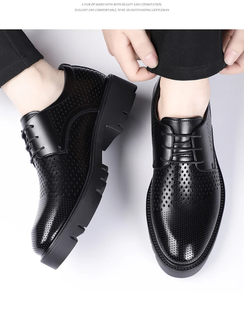 Summer Hollow Out Breathable Men Height Increasing Oxford Shoes 8/10CM Formal Business Dress Wedding Party Elevated Leather Shoe