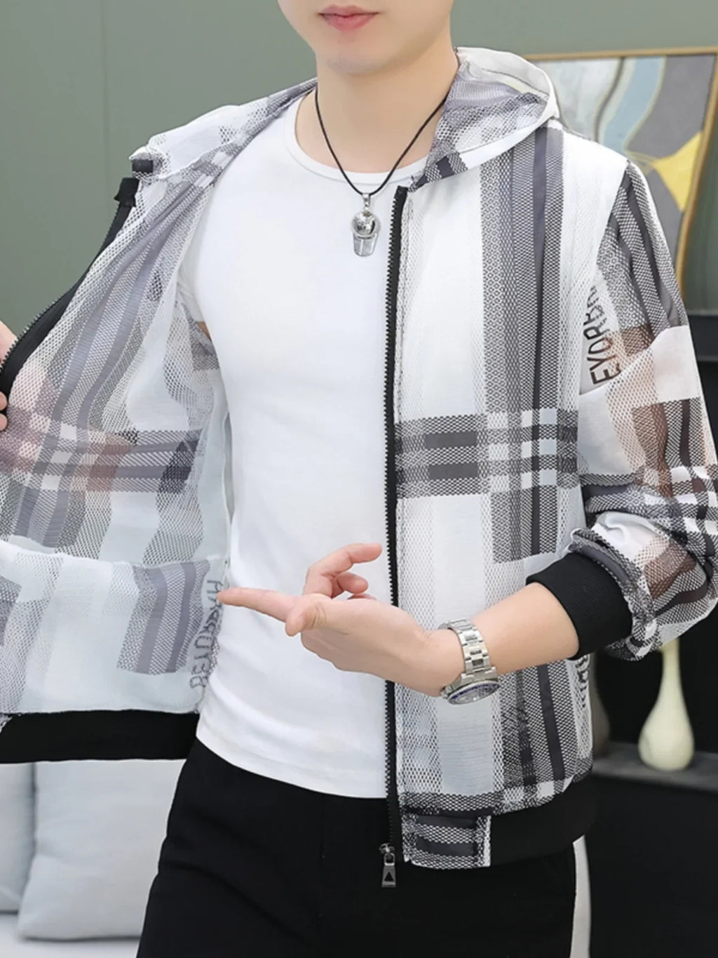 Men's Summer Mesh Sun Protection Clothing Trendy Stripe Print Ice Silk Cool Feeling Breathable Quick Dry Hooded Jacket