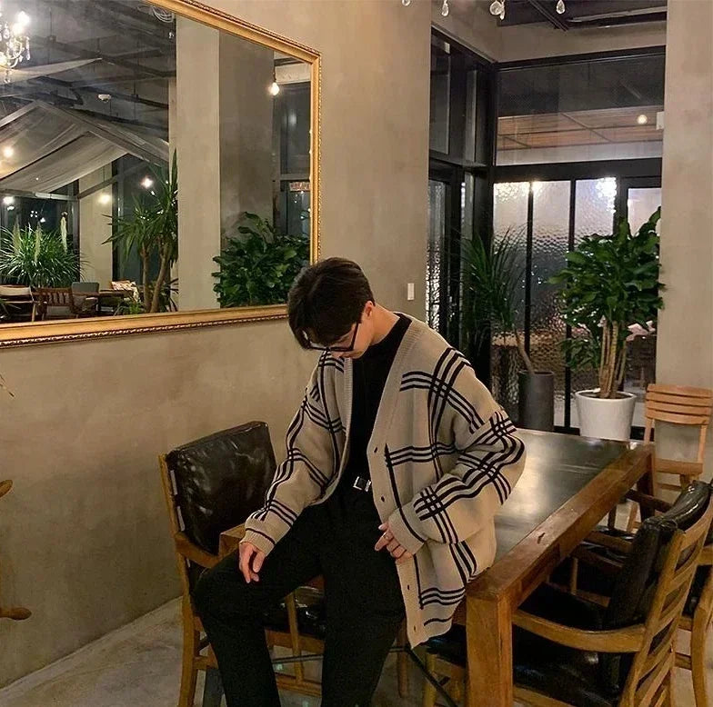 Men's Clothing Cardigan Jacket V Neck Coat Knit Sweater Male Plaid Elegant Casual Long Sleeve 100% Korean 2025 Autumn Classic A
