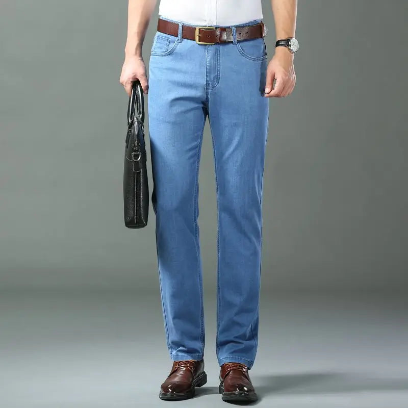 Brother Wang Classic Style Men Brand Jeans Business Casual Stretch Slim Denim Pants Light Blue Black Trousers Male