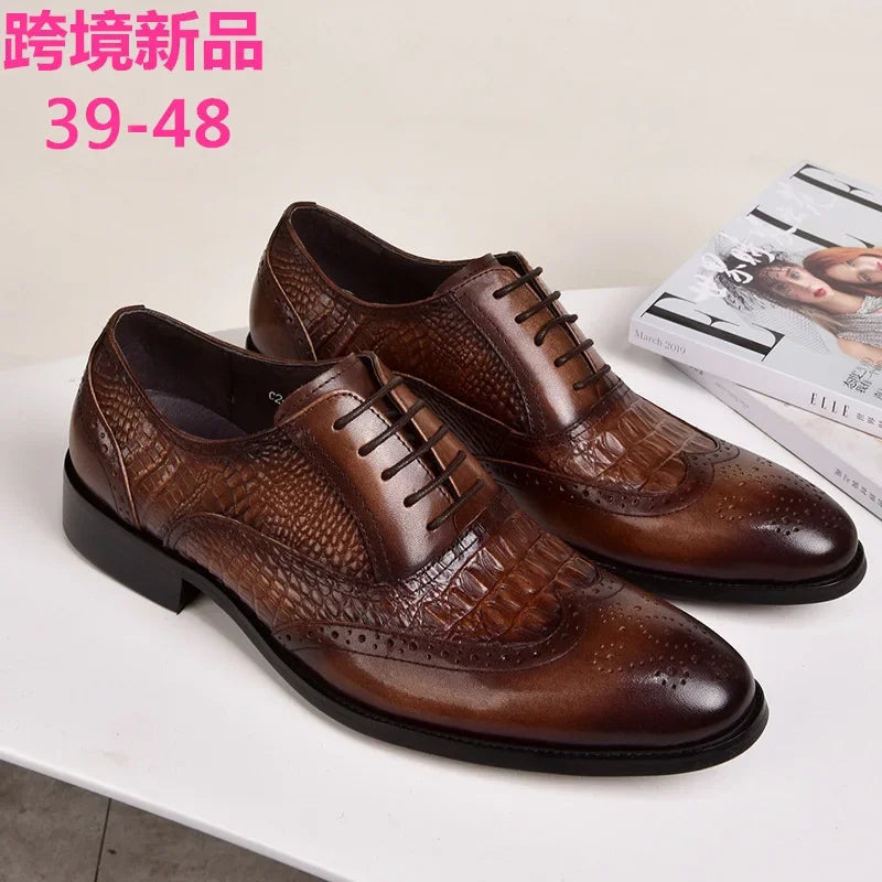 Men's Casual Crocodile Pattern Leather Shoes – Slip-On Loafers, Brown/Black, EU 40–48