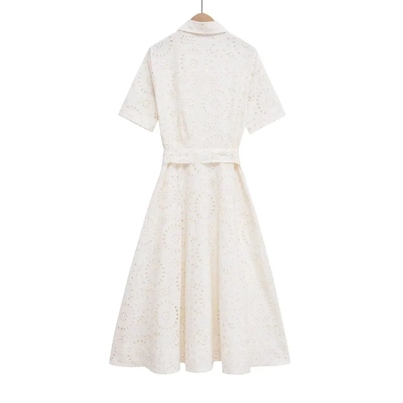 2025 new  women's elegant fashion hollow embroidery cotton shirt lapel short-sleeved dress temperament long skirt