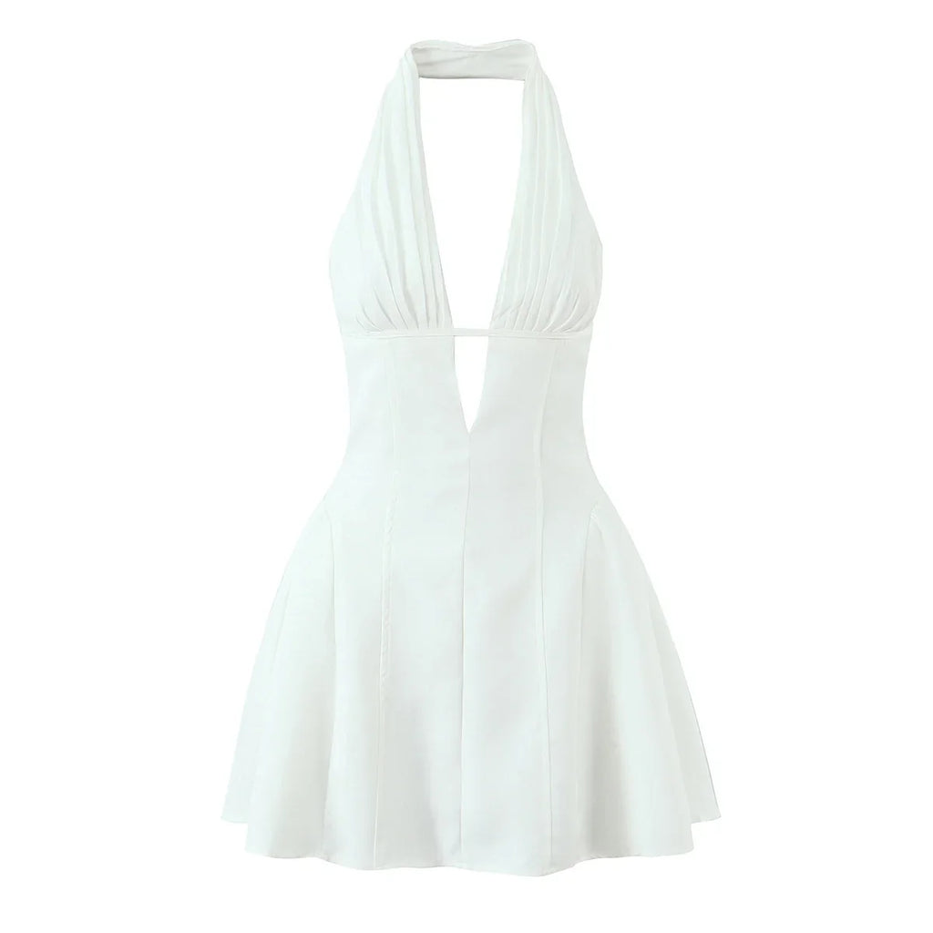 French Style Retro Polka Dot Deep V Halter Dress Women Sexy Backless A-line Slim Sweet Elegant Mini Dresses Summer Robe