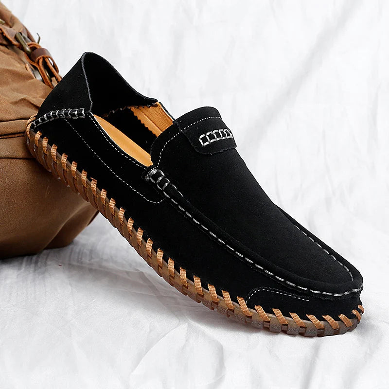 Men’s Suede Leather Loafers – Slip-On Casual Driving Shoes (Black, Brown, Khaki)