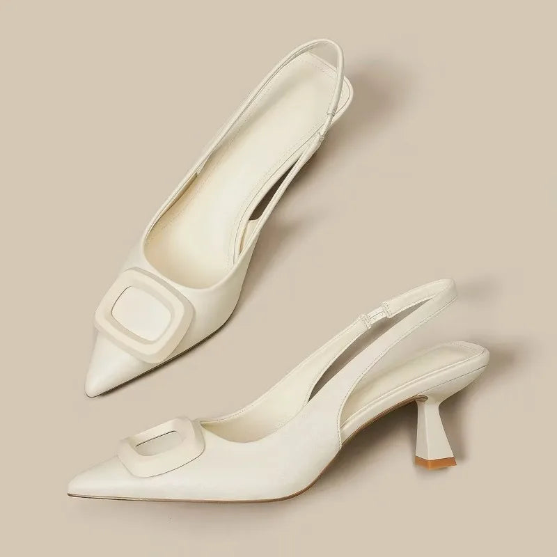 Brand Woman Slingback Shoes Fashion 2024 Spring New Ladies High Heels Elegant Med Heel Pointed Toe Slip on Sandal Mules
