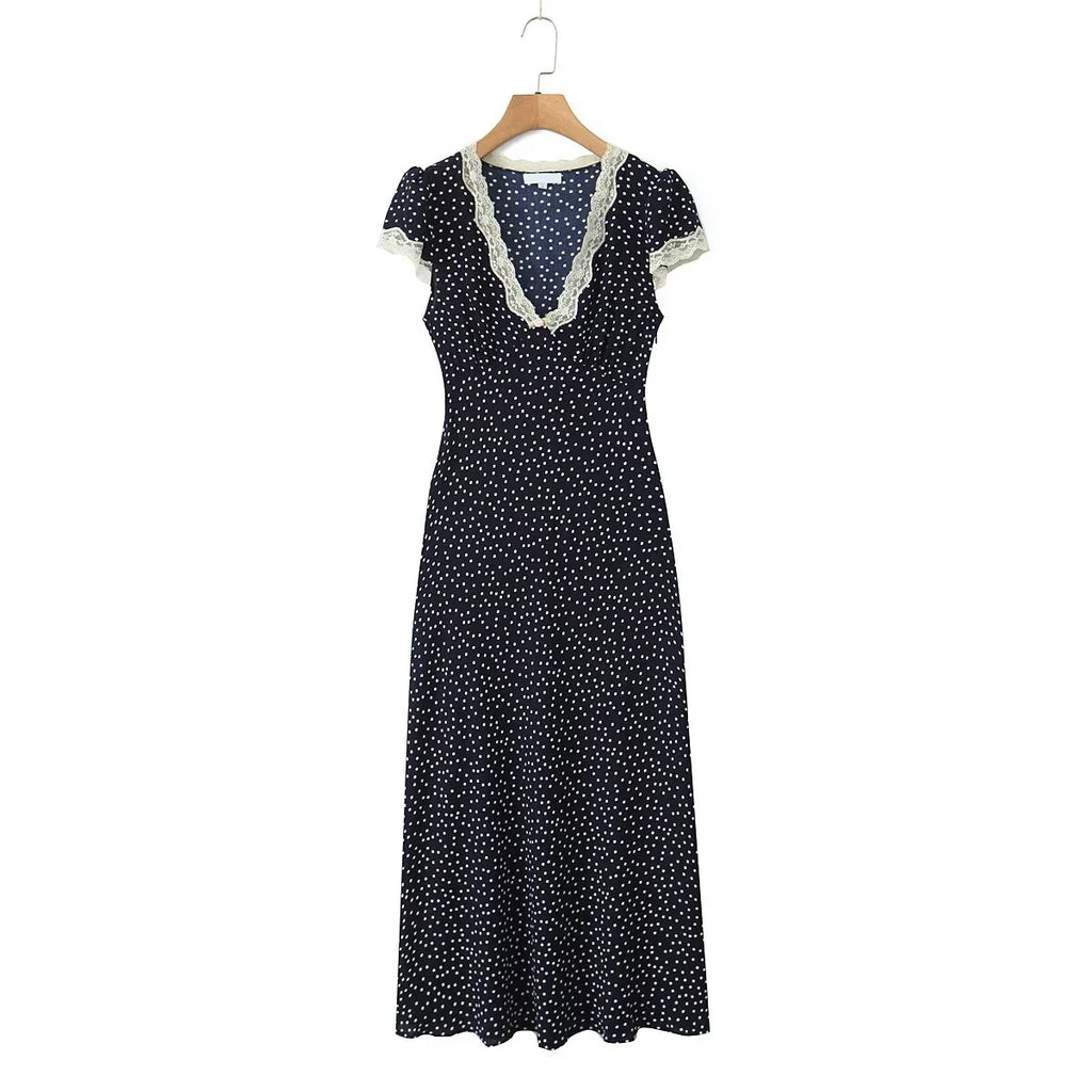2025 Women Navy Blue Polka Dot Long Dress Lace Trim V Neck Short Sleeve A-line Elegant Holiday Dresses Summe Maxi Robe