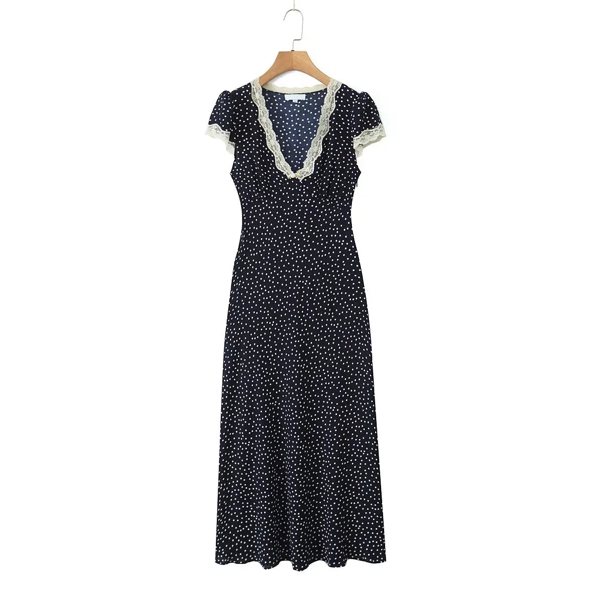 2025 Women Navy Blue Polka Dot Long Dress Lace Trim V Neck Short Sleeve A-line Elegant Holiday Dresses Summe Maxi Robe