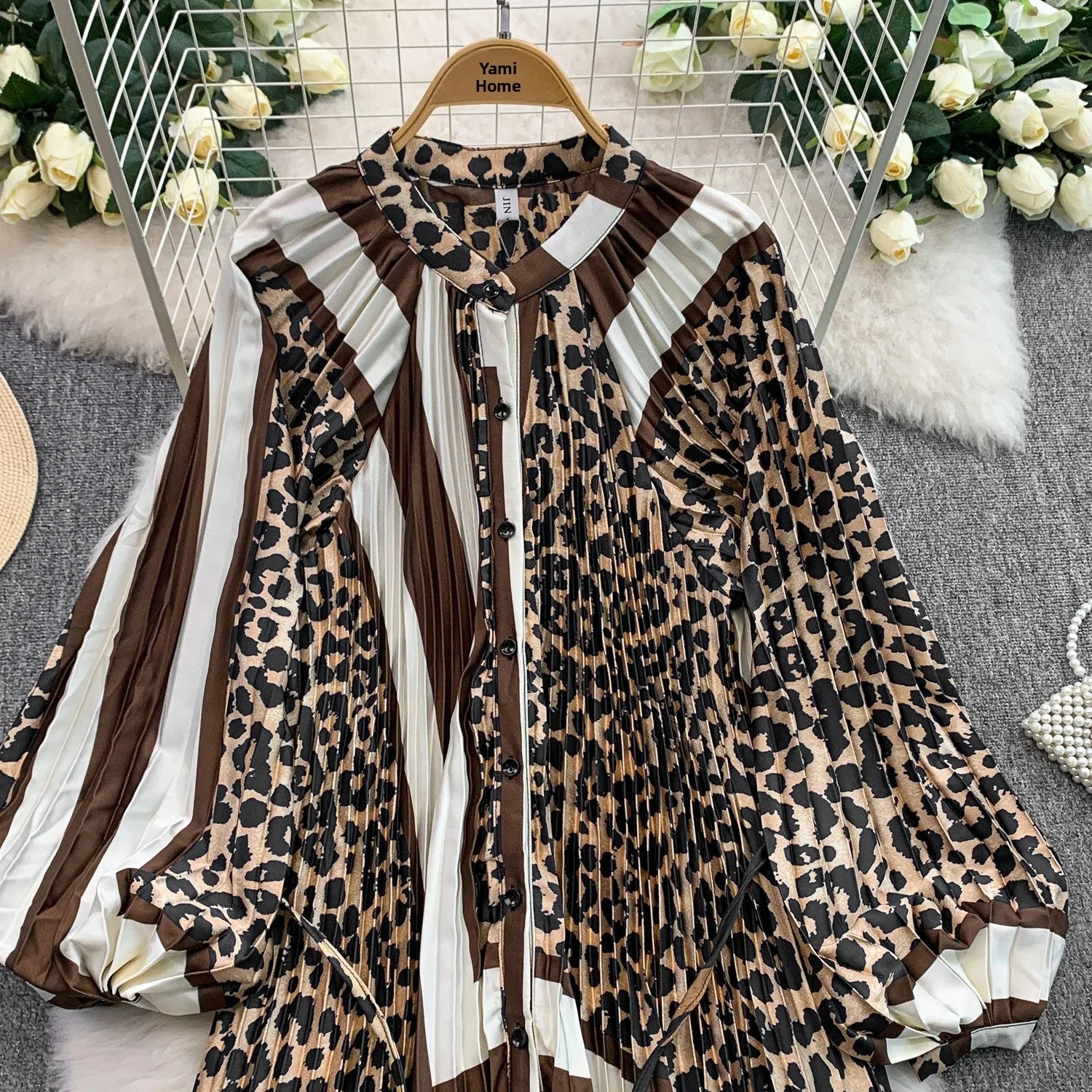 Printed round Ne Lantern Sve Dr Women's Single Button Waist Cinch Maxi Skirt Long Dr Commute Sle Autumn