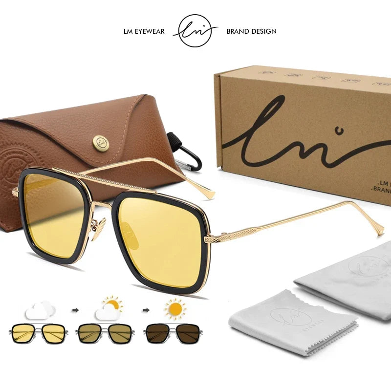 High Quality Tony Stark Square Sunglasses Photochromic Polarized Men Glasses Steampunk Women Driving Night Vision Goggles
