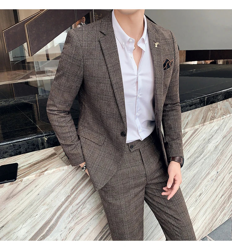 S-7XL Jacket + Pants / Luxurious High -end Brand Solid Color Men's Casual Business Slim Suit Two -piece Suit Groom Wedding Suit