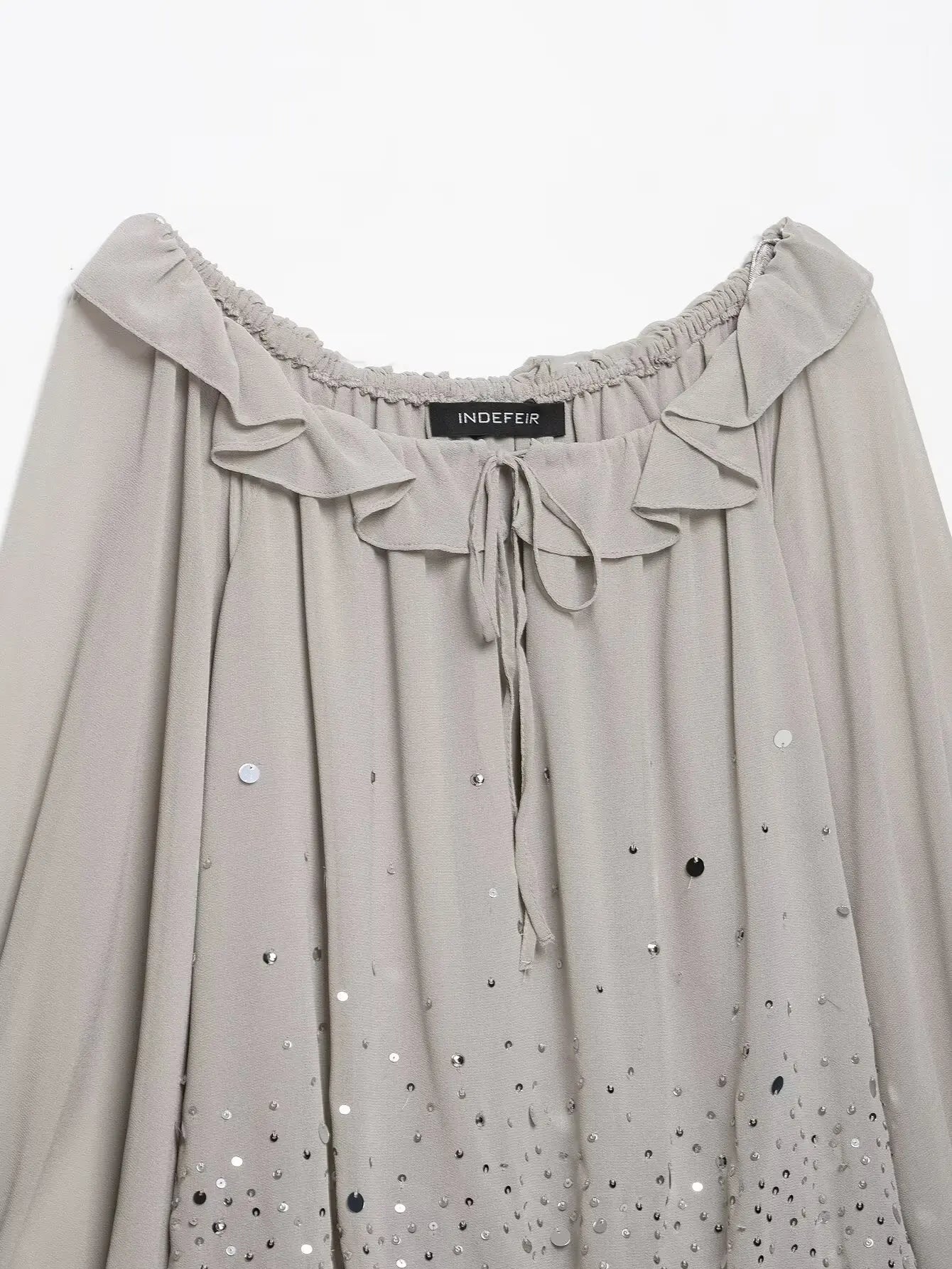 Elegant Summer Women’s Off-Shoulder Sequin Georgette Dress 2026 Female Ruffled Neckline Tiered Long Sleeve Mini Dress