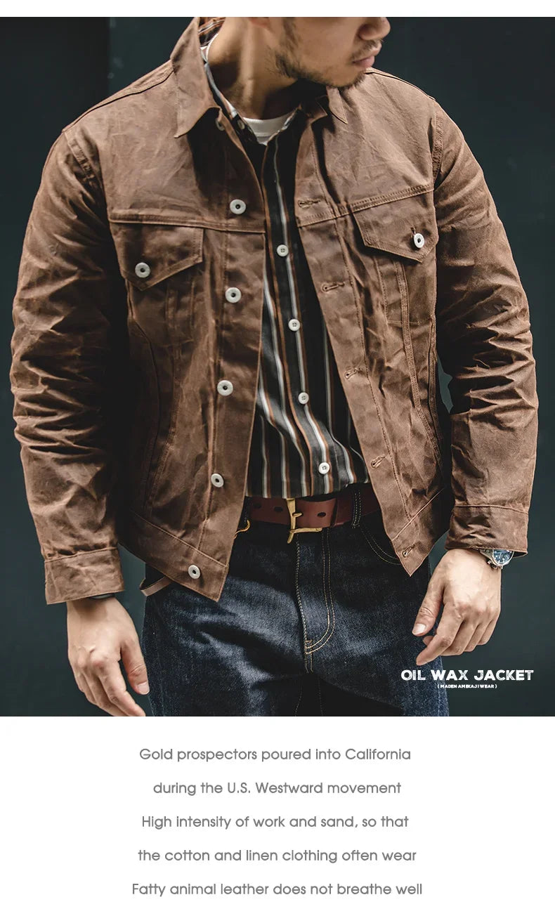 Amekaji Retro Male Oil Waxed Jacket Canvas Cotton Khaki Military Uniform Light Casual Work Safari Style Coats Man Clothing