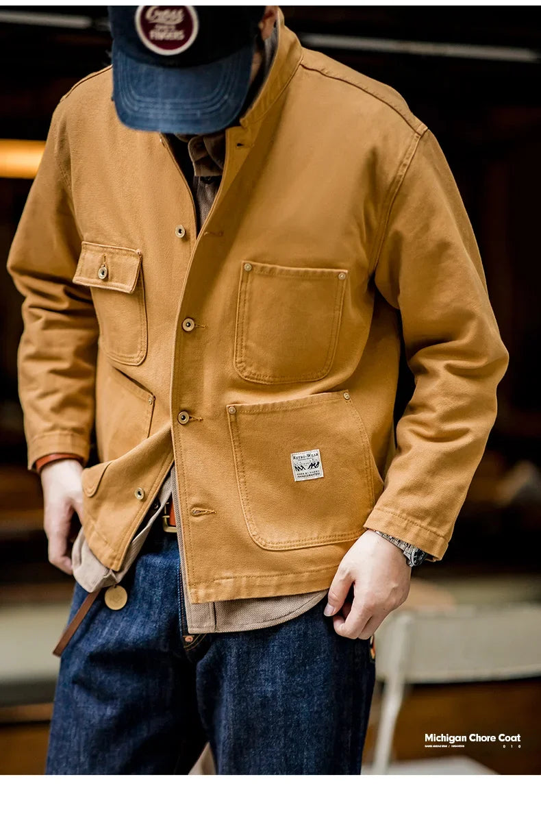 Vintage Heavyweight Michigan Chore Jackets Multi-Pocket Canvas Hunting Coat for Men's Spring Loose Lapel Collar Outwear