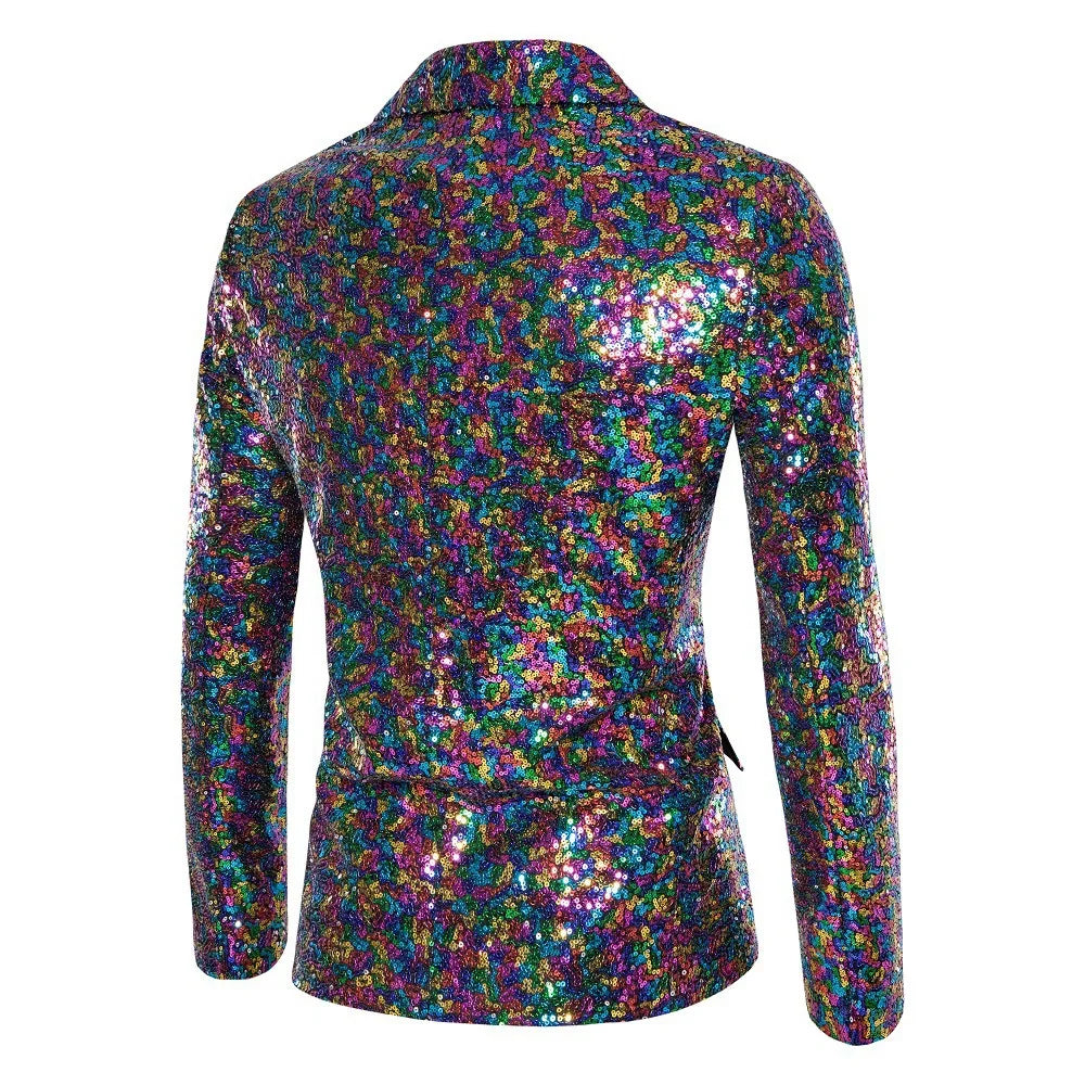 2026 Men's Suit Jacket, Shiny Sequin Stage Performance Coat, White Silver Blue Red Purple Blazers V-neck Single Button S-XXL