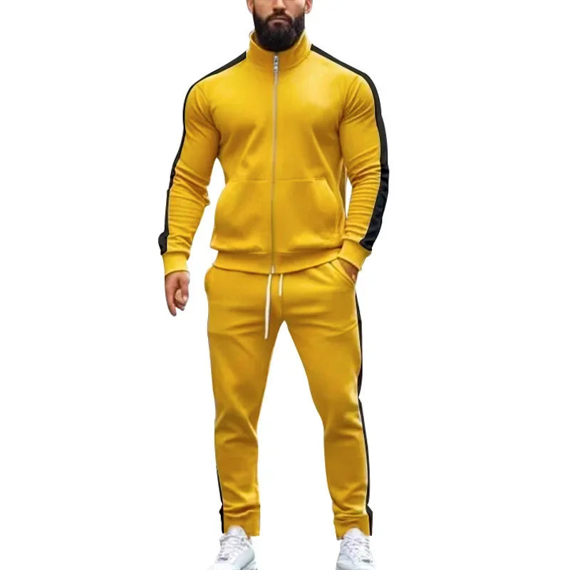 2025 Spring Autumn Men's 2-Piece Set Color Blocking Zipper Stand Collar Casual Sports Jacket Sweatshirt Trousers Suit