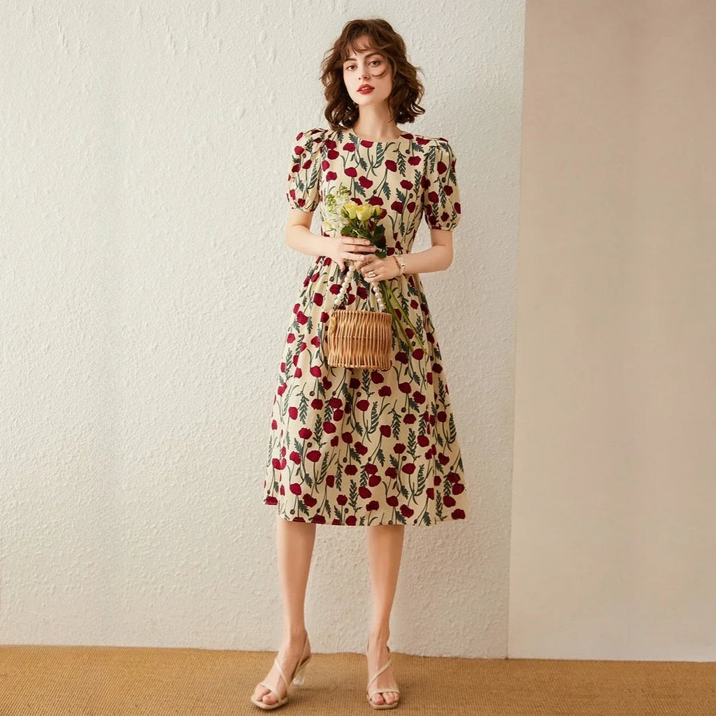 French Floral Print Dress Women 2026 Summer Round Neck Puff Sleeve Fitted Long Dress Casual Streetwear Outfits