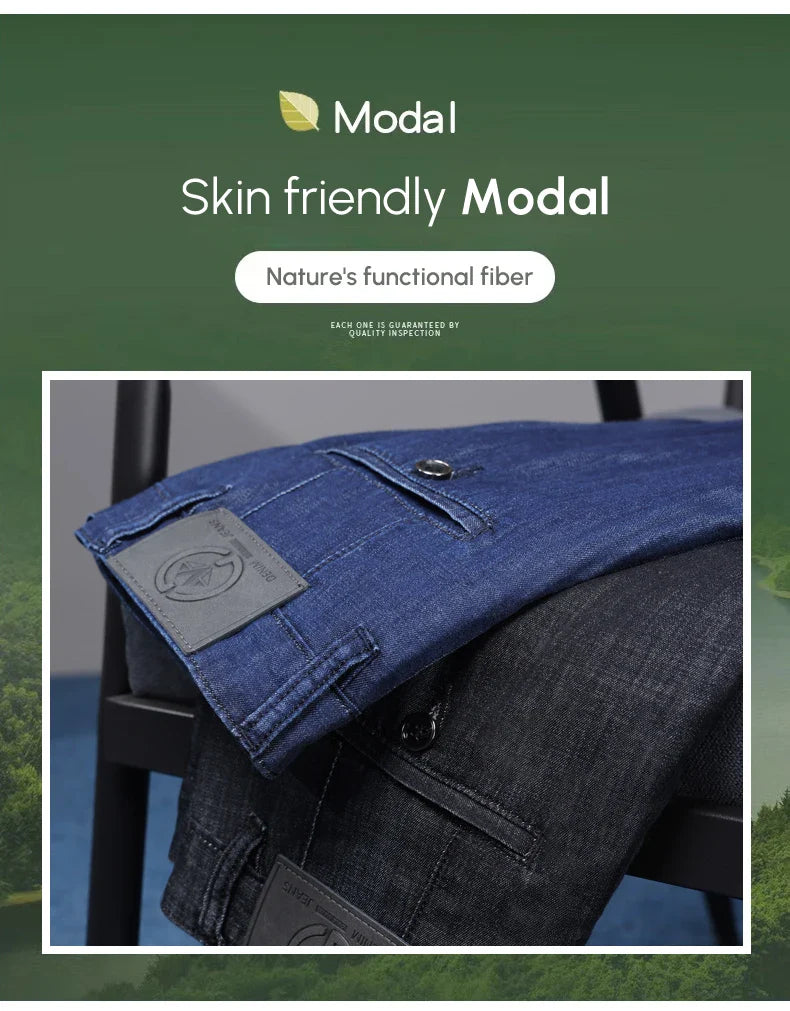 Modal Fabric Spring Summer Men's Black Thin Straight Jeans Classic Style Business Fashion Stretch Loose Jeans Male Brand