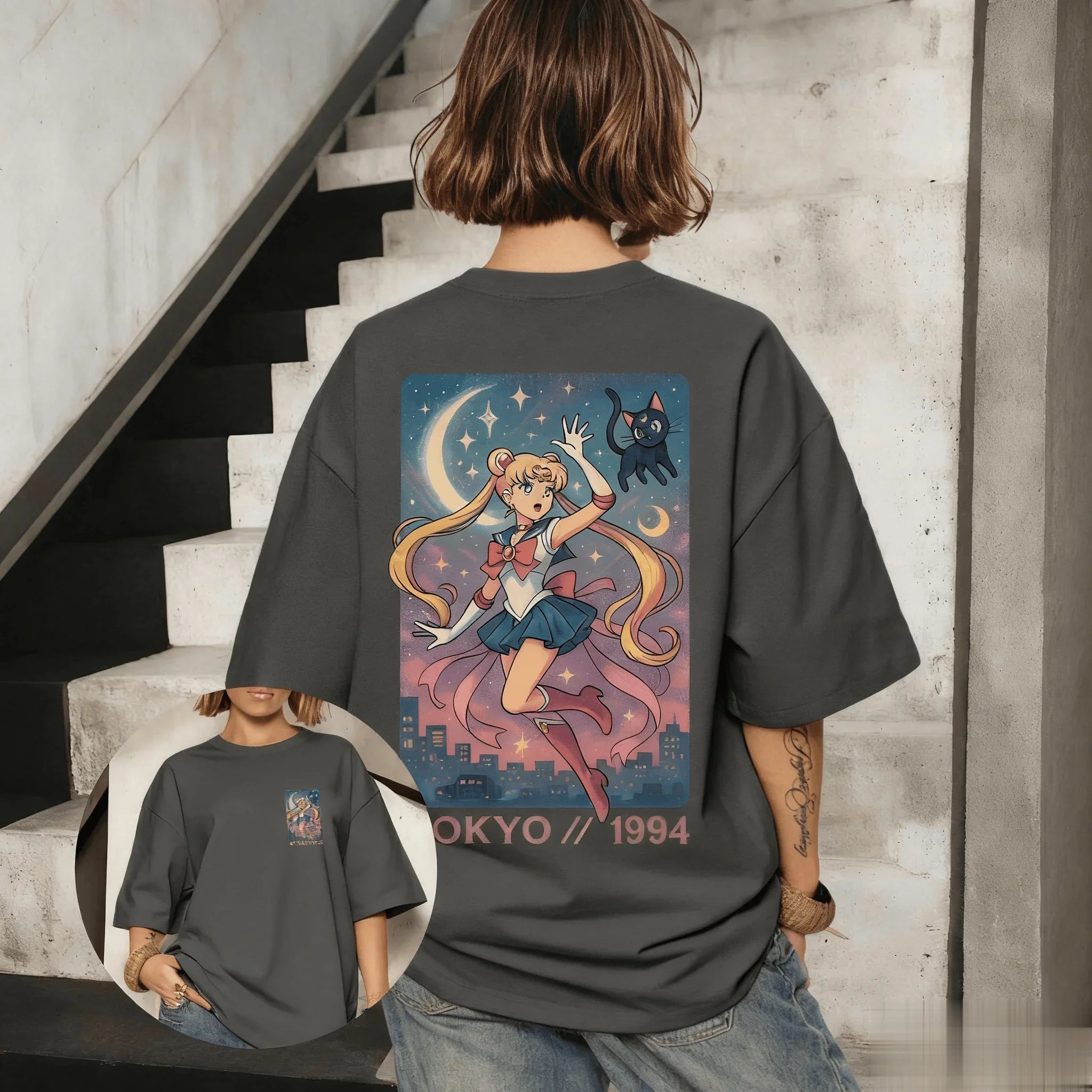 تيشيرت Sailor Moon Anime Graphi للرجال والنساء كبير الحجم بأكمام قصيرة كاجوال ملابس الشارع الصيفية ملابس Y2k برسومات علوية