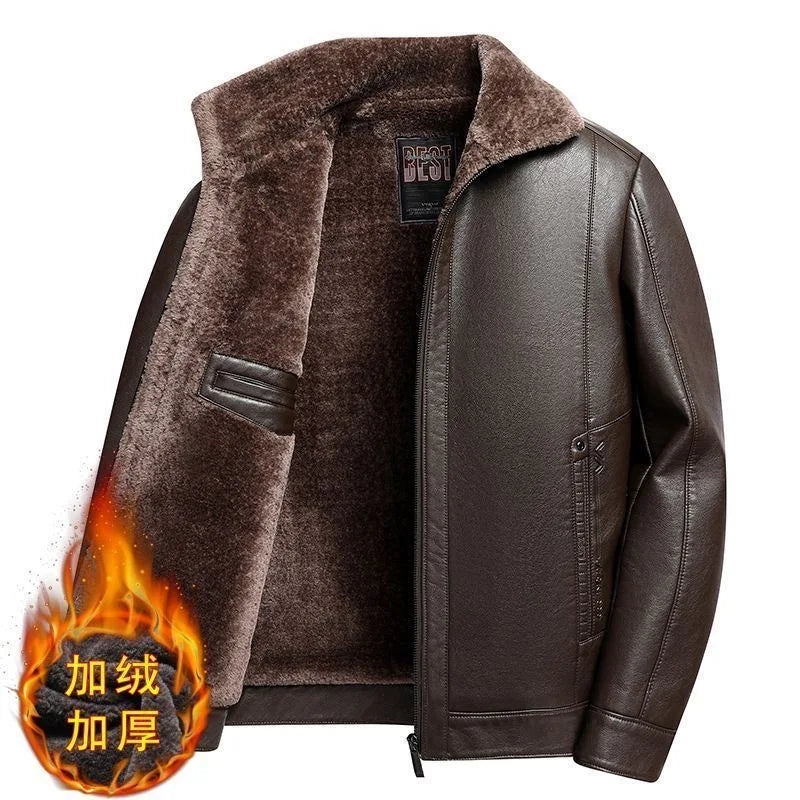Autumn and Winter Fashionable Solid Color Plush Thick Warm Leather Jacket for Men's Casual Loose Sport Windproof Large Size Coat
