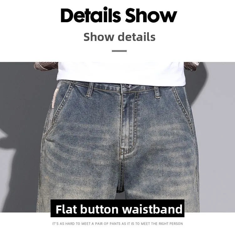 Retro American Style Men's Jeans Loose Fit Heavy Casual Slim Leg Cotton Pants Elastic Waist Korean Denim Jeans for Spring Autumn