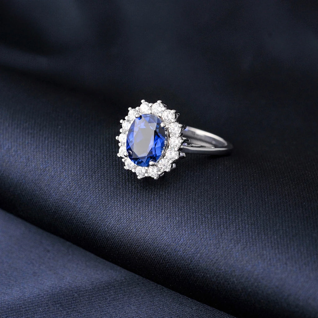 Halo Rings for Women Created Blue Sapphire Nano Emerald Red Ruby Princess Diana 2.67ct Oval Cut 925 Sterling Silver Rings