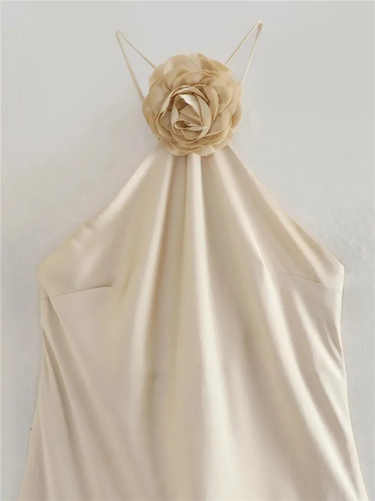 Flower Halter Dress Woman Off Shoulder Satin Long Dress
