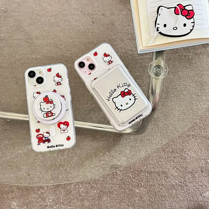Cute Sanrio Hello Kitty Magnetic Card Wallet Holder Magsafe Wireless Charge Phone Case For iPhone 17 16 15 14 13 Pro Max Cover