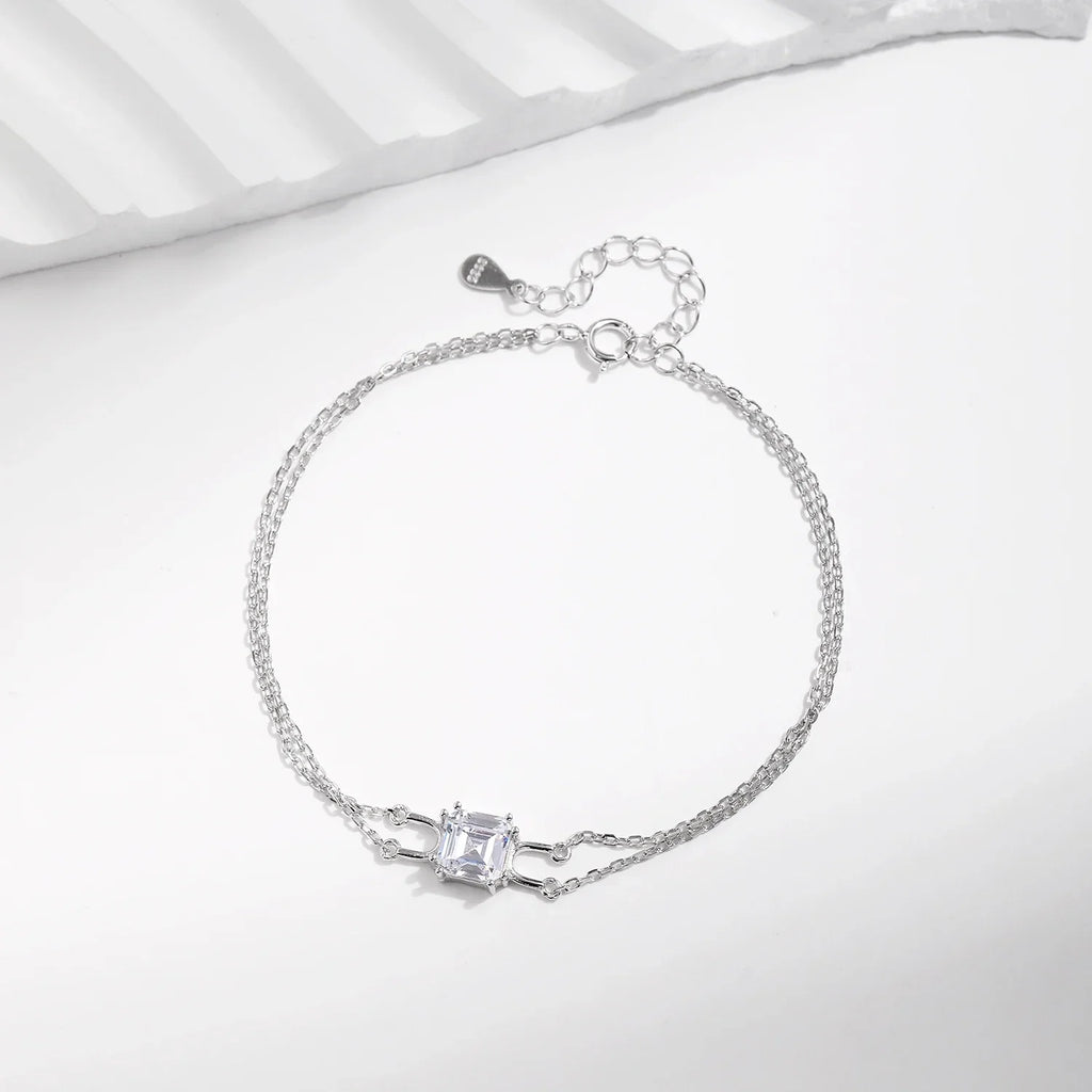 925 Sterling Silver Double Layer Link Chain Bracelet Shiny Square Emerald Cut Wedding Jewelry For Women Anniversary Gift