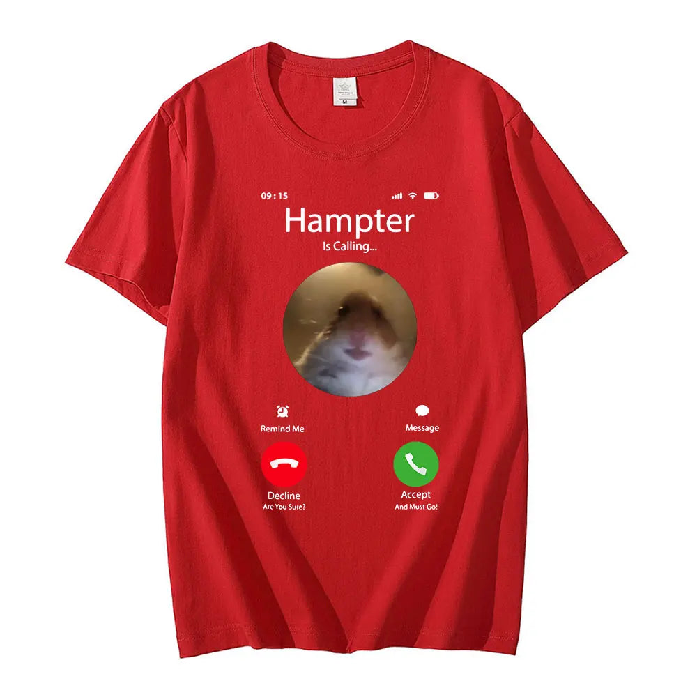 Dank Meme Hamster Staring Front Camera Hampter Calling تي شيرت أزياء بأكمام قصيرة تي شيرت كبير الحجم ملابس الشارع للجنسين