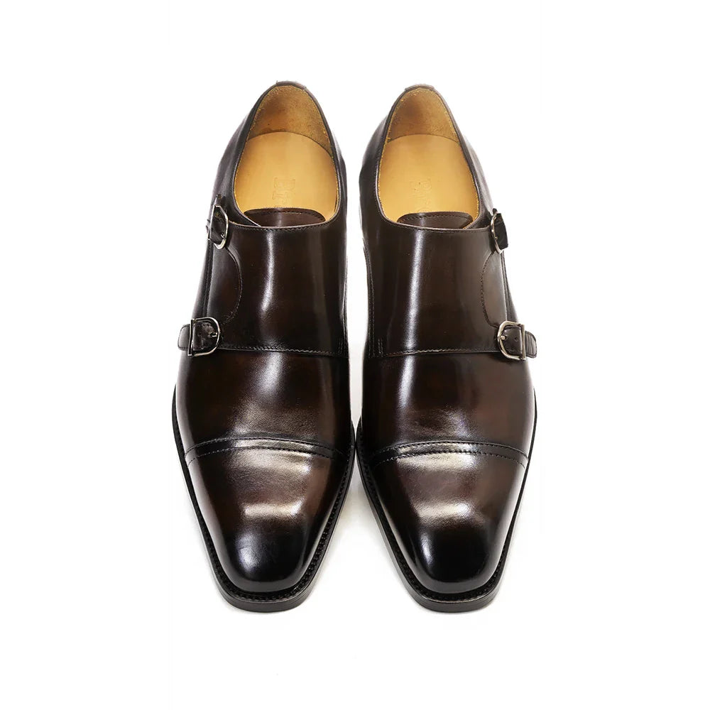 Luxury Genuine Leather Double Buckle Monk Strap Formal Shoes for Men Classic Cap Toe Business Office Wedding Dress Shoes