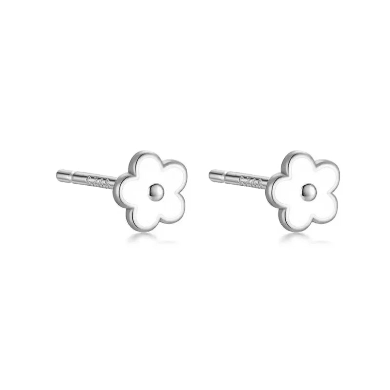 925 Sterling Silver Romantic White Enamel Flower Screw Bead Stud Earrings for Women Fashion Simple Piercing Jewelry Gift