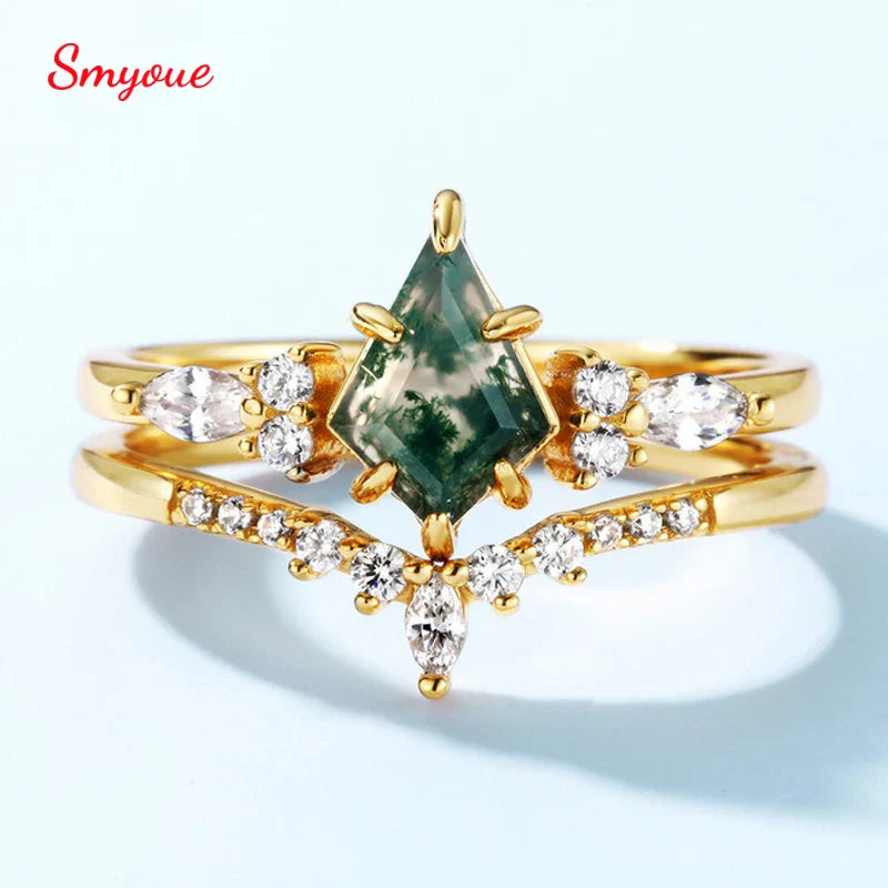 New 6*9mm Moss Agate Ring Set for Women 10k Plated Green Moss Stone Band Wedding Party 100% Real 925 Silver Fine Jewelry