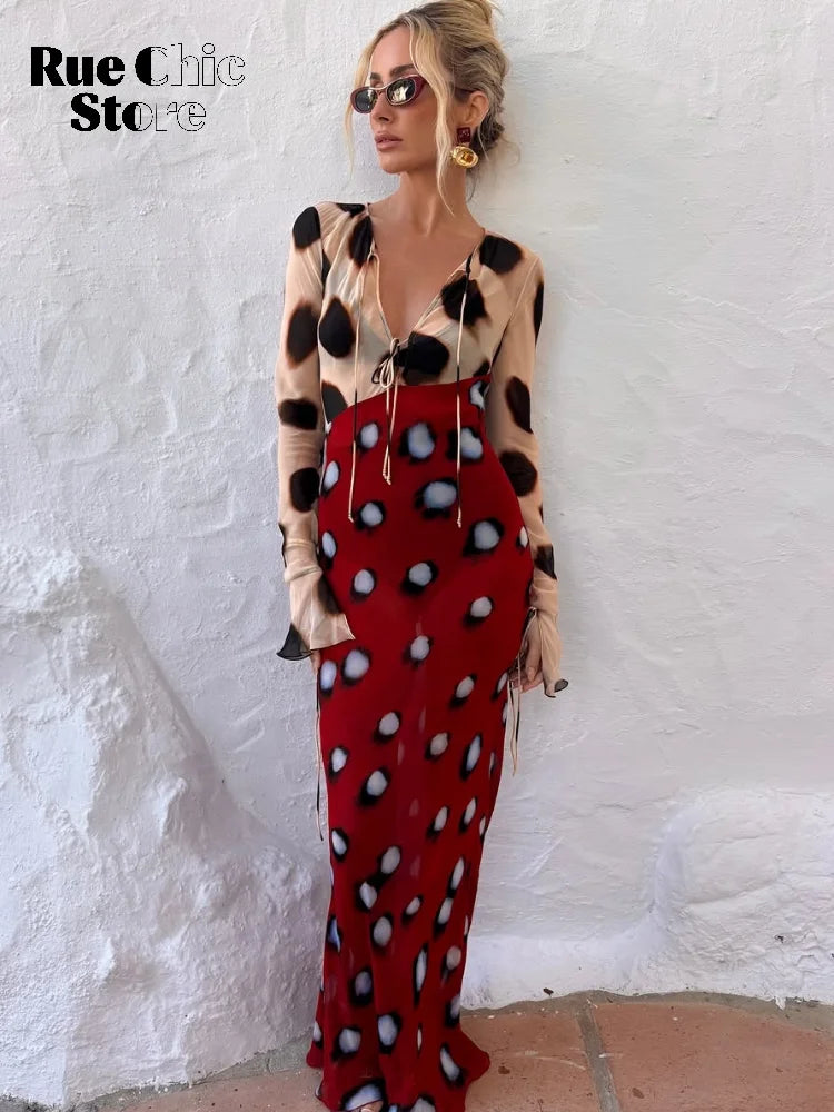 Print V-neck Lace Up Casual Dress Women Chic Thin Mesh Polka Dot Flared Sleeves Patchwork Slim Fit Dresses Lady Daily Vestidos
