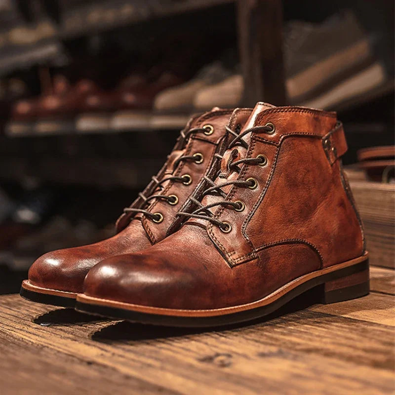 Men Comfortable Platform Motorcycle Booties New Casual High-top Shoes Retro Men Boots Solid Color Lace Up Ankle Boots Men